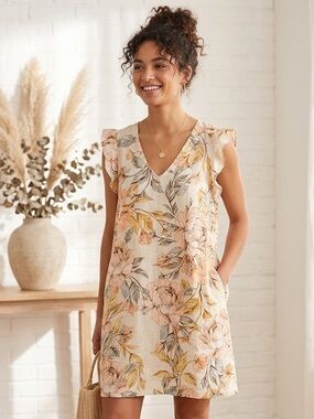 Nicole Miller New York 100% Linen Floral Shift Dress Medium Cottagecore Coastal